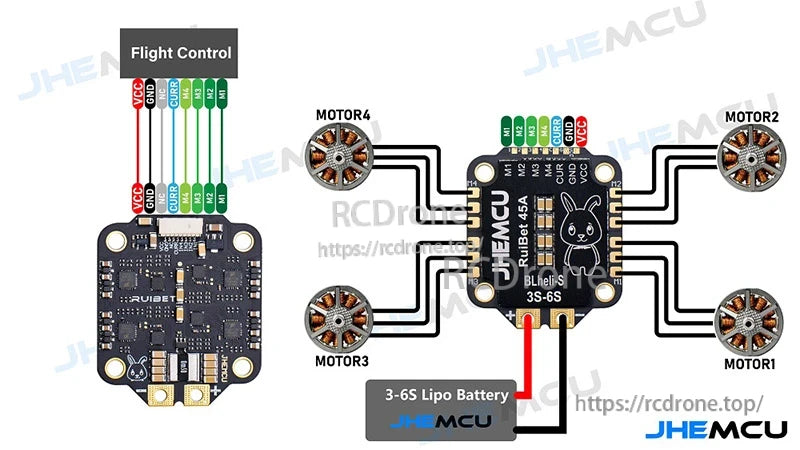 Wiring layout for 4-in-1 ESC to flight controller, four motors, and 3–6S LiPo battery connections