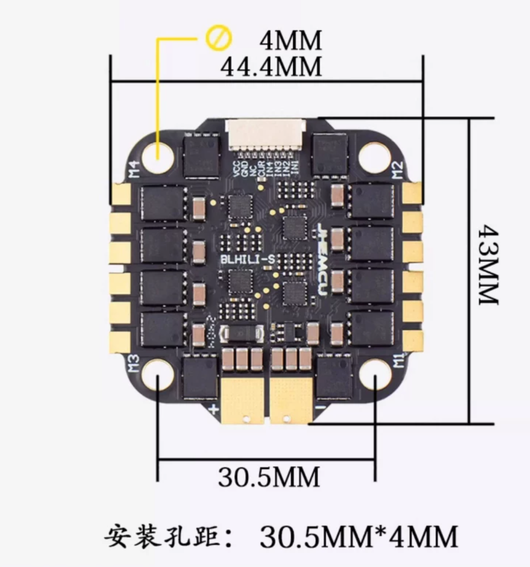 Mounting dimensions for RuiBet ESC board: 30.5mm hole spacing, 4mm holes, and board size around 43×44.4mm