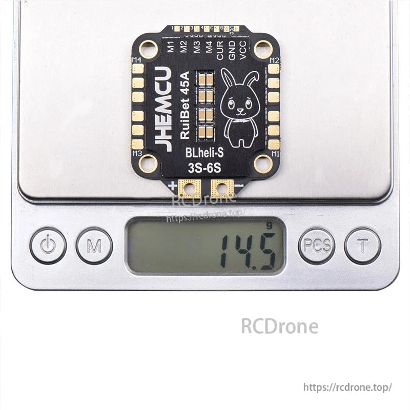 ESC on digital scale reading 14.5g, JHEMCU RuiBet 45A BLHeli_S 3–6S board
