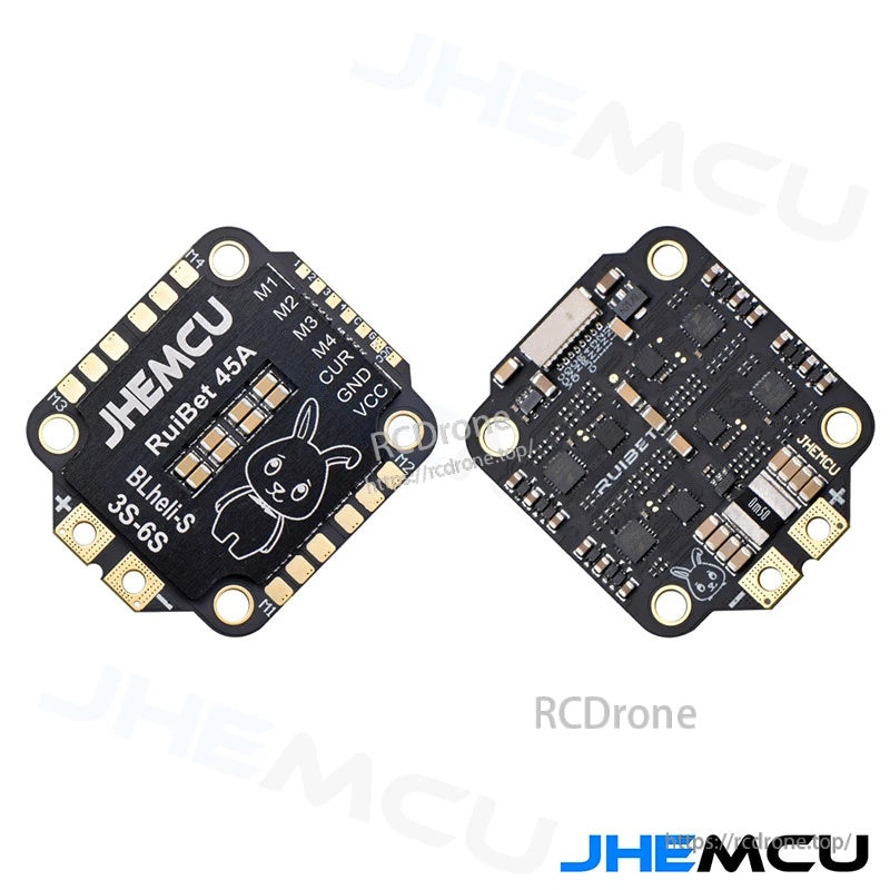 Front and back view of a JHEMCU RuiBet 45A BLHeli_S 3–6S 4-in-1 ESC board with labeled pads