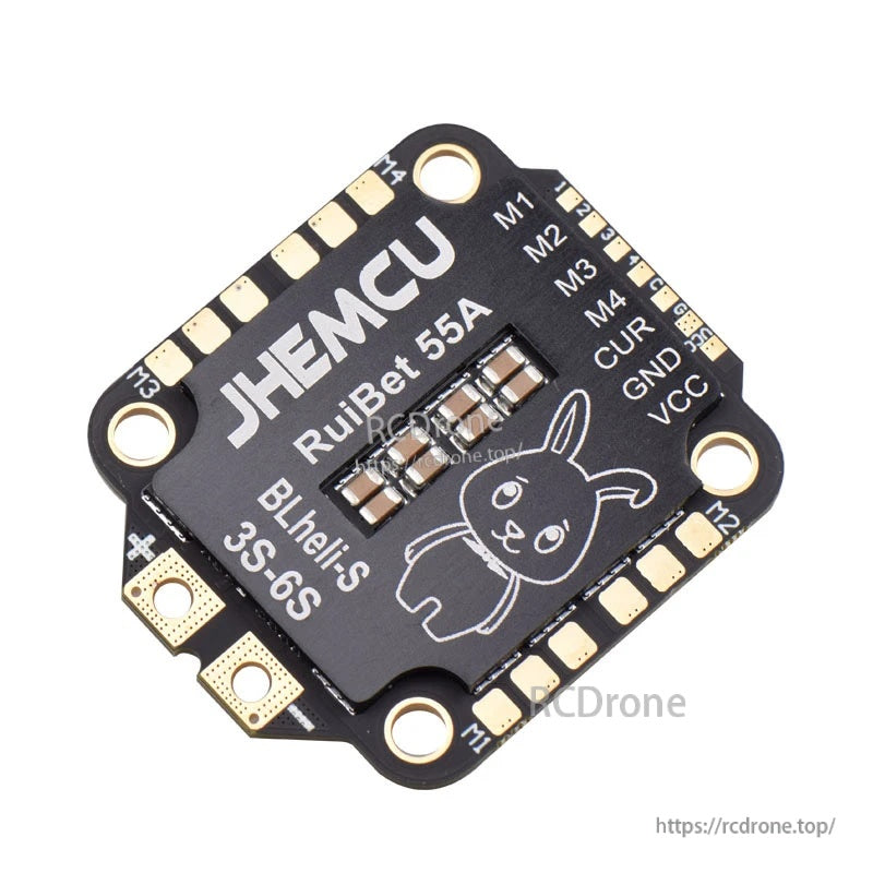 Angled view of JHEMCU RuiBet 55A BLHeli_S 3–6S 4-in-1 ESC with M1–M4, CUR, GND and VCC pads labeled