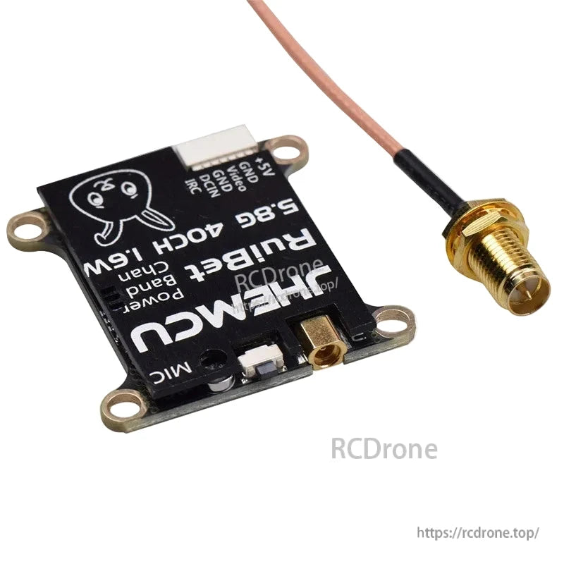 Angle view of RuiBet 5.8G 40CH VTX board with attached SMA antenna pigtail connector
