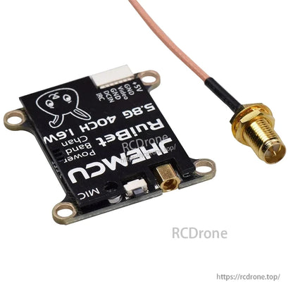 Angle view of RuiBet 5.8G 40CH VTX board with attached SMA antenna pigtail connector