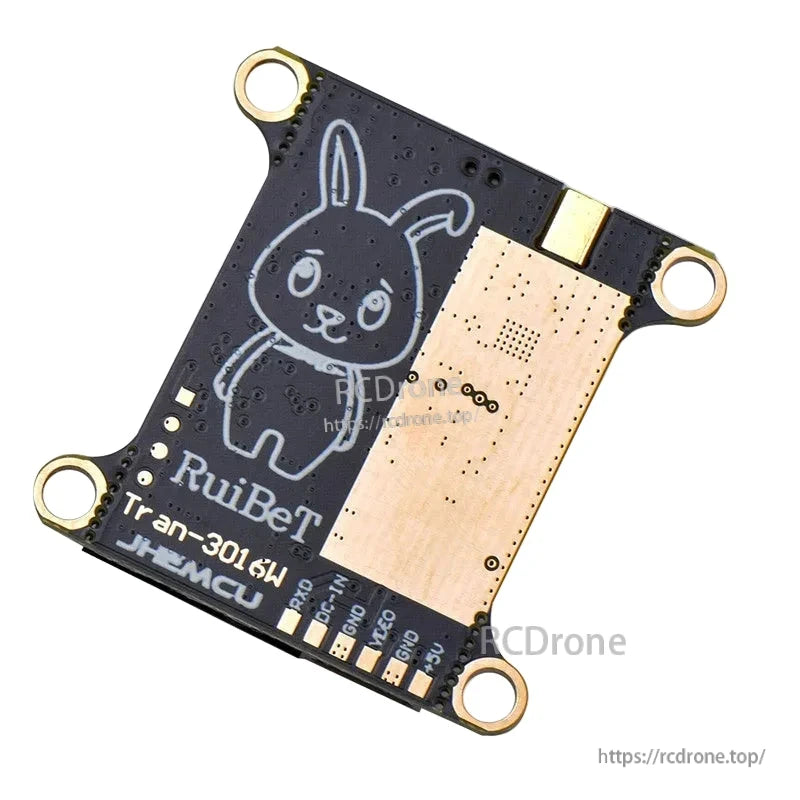 RuiBet Tran-3016W VTX back side with RF shield plate and solder pads along bottom edge