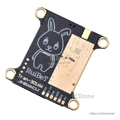 RuiBet Tran-3016W VTX back side with RF shield plate and solder pads along bottom edge