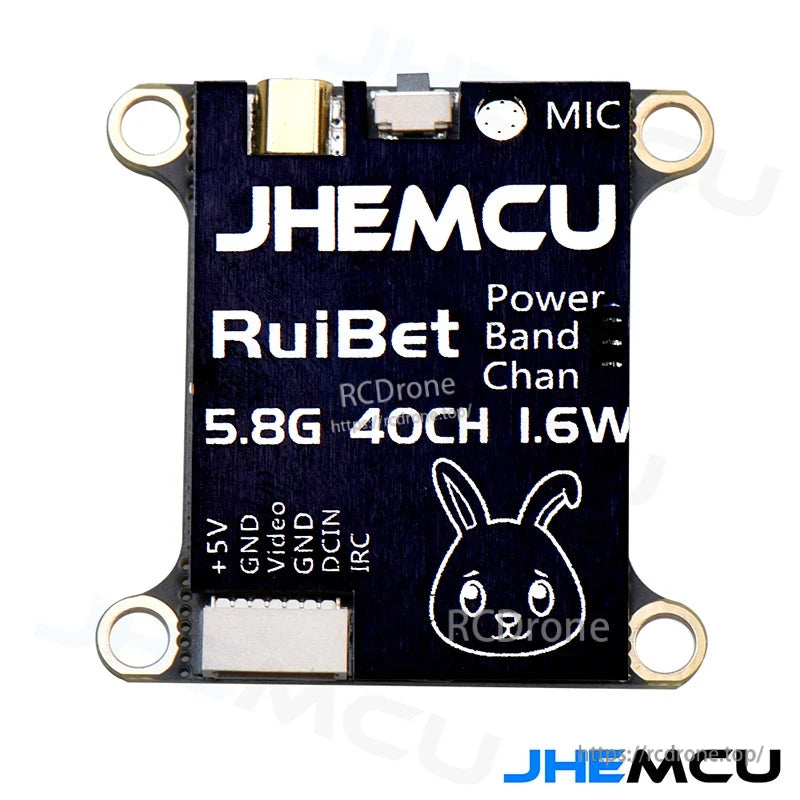 JHEMCU RuiBet Tran-3016W FPV VTX front view showing Power/Band/Chan indicators and 5.8G 40CH 1.6W marking