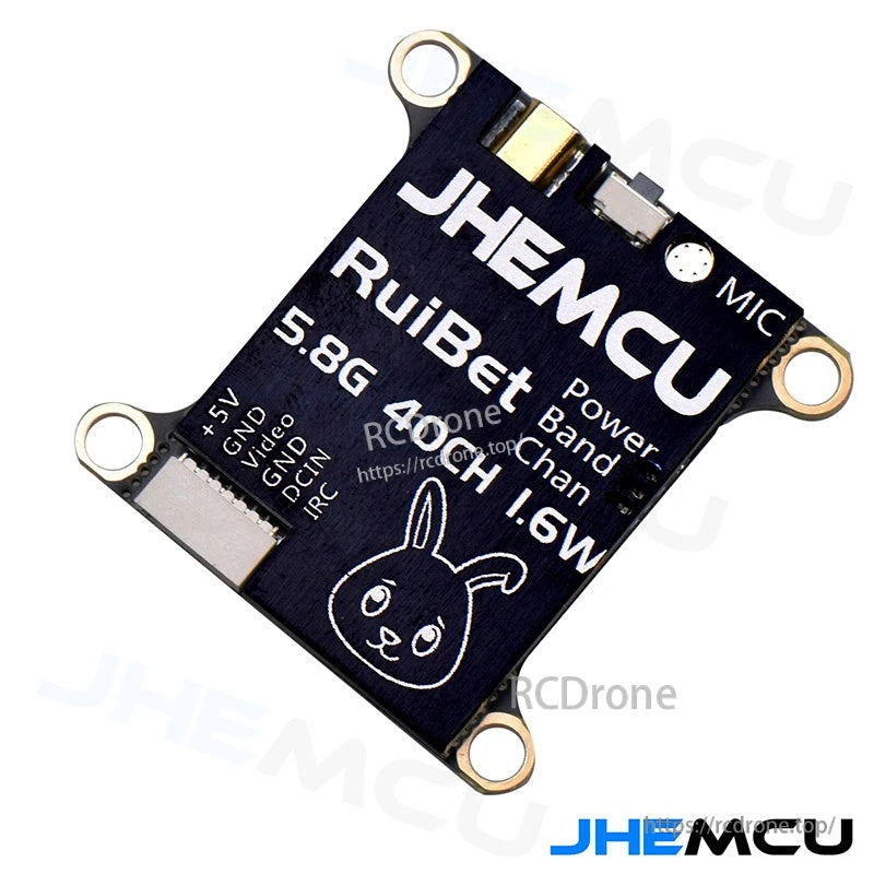 JHEMCU RuiBet Tran-3016W 5.8G 40CH 1.6W analog FPV VTX, top view with pad labels and MIC