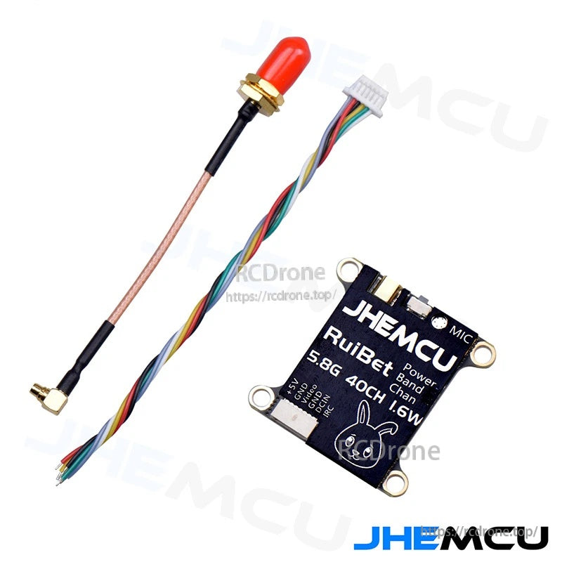 Package contents: Tran-3016W VTX board, SMA pigtail lead, and multi-wire harness for power/video/control