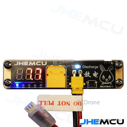 Discharger module powered on with LED voltage readout and balance plug lead connected