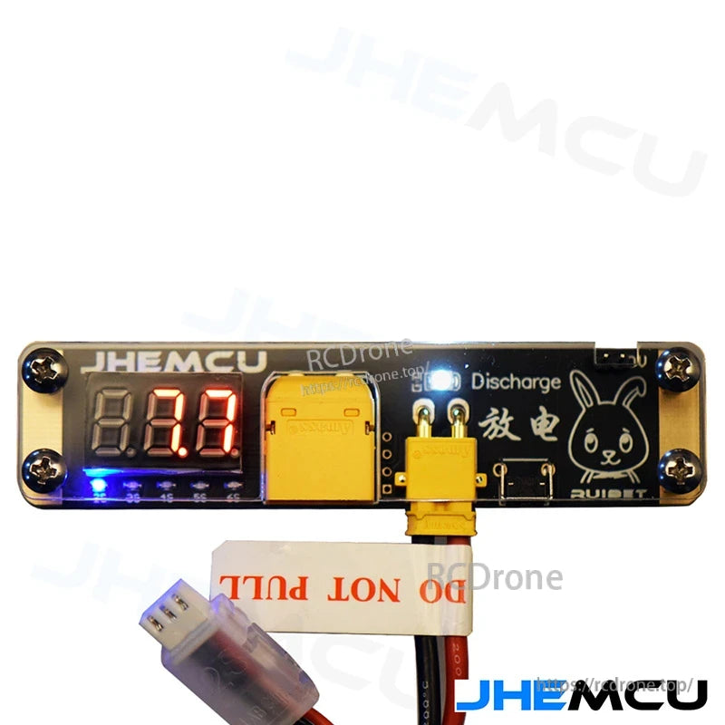 Battery discharger connected with XT30 lead; voltage display reading around 7.7V and discharge LED illuminated