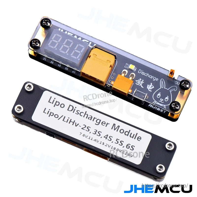 Top and bottom views of Ruibet LiPo discharger module, label lists 2S–6S reference voltages