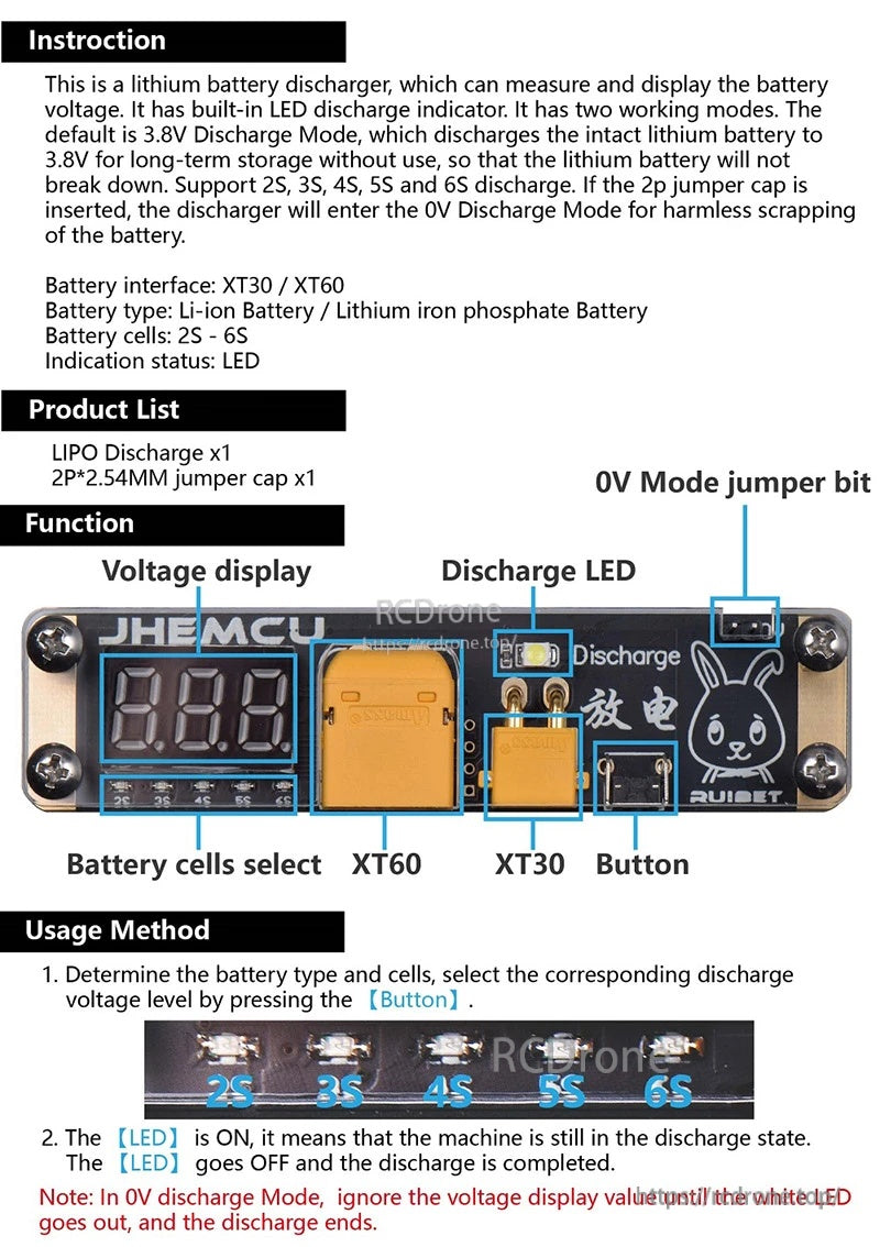 JHEMCU Ruibet 2–6S LiPo/LiHv battery discharger module diagram with voltage display, LED, button and jumper