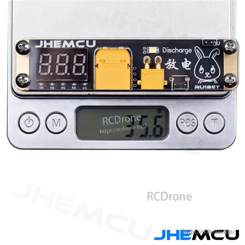 JHEMCU Ruibet discharger module on digital scale, approximately 35.8 g weight reference