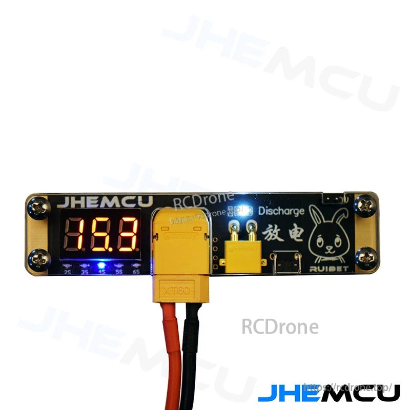 Voltage display lit during discharge with XT60 connected; discharge status LED on