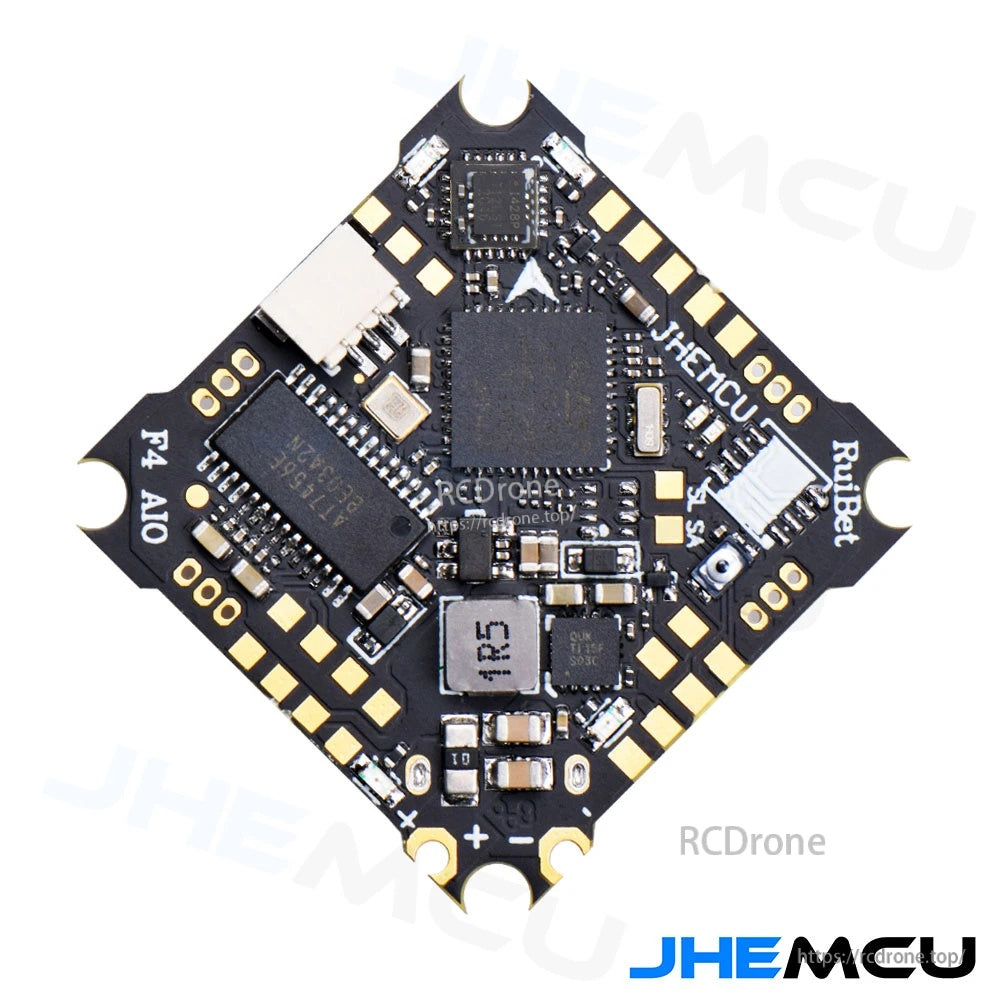 JHEMCU Ruibet F4AIO 12A AIO flight controller front view with STM32F411 FC and integrated 4-in-1 ESC