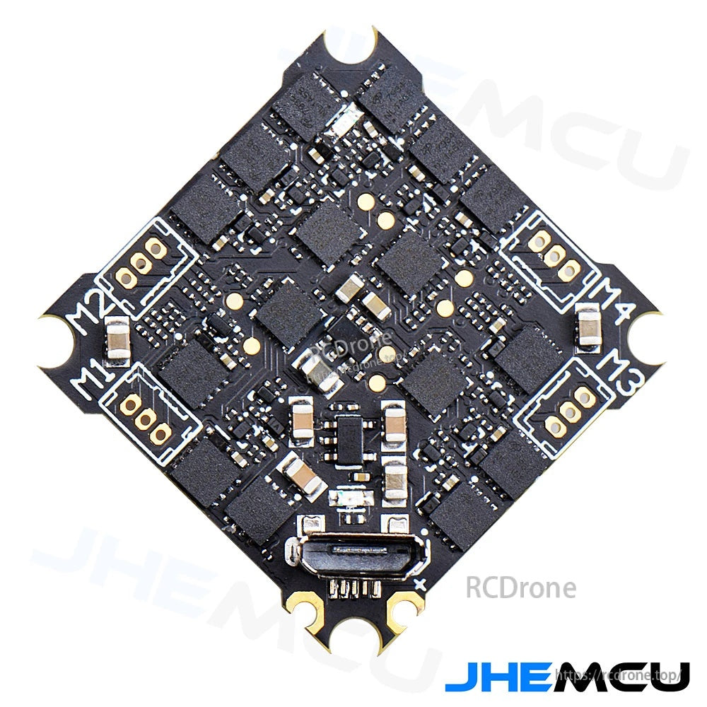 Back side of the AIO flight controller showing motor pad layout (M1–M4) and micro USB port