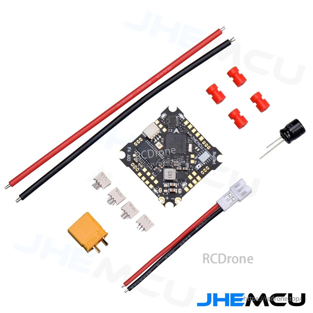 Package contents: Ruibet F4AIO 12A board, XT30 lead, wires, capacitor, damping balls, and connector sockets