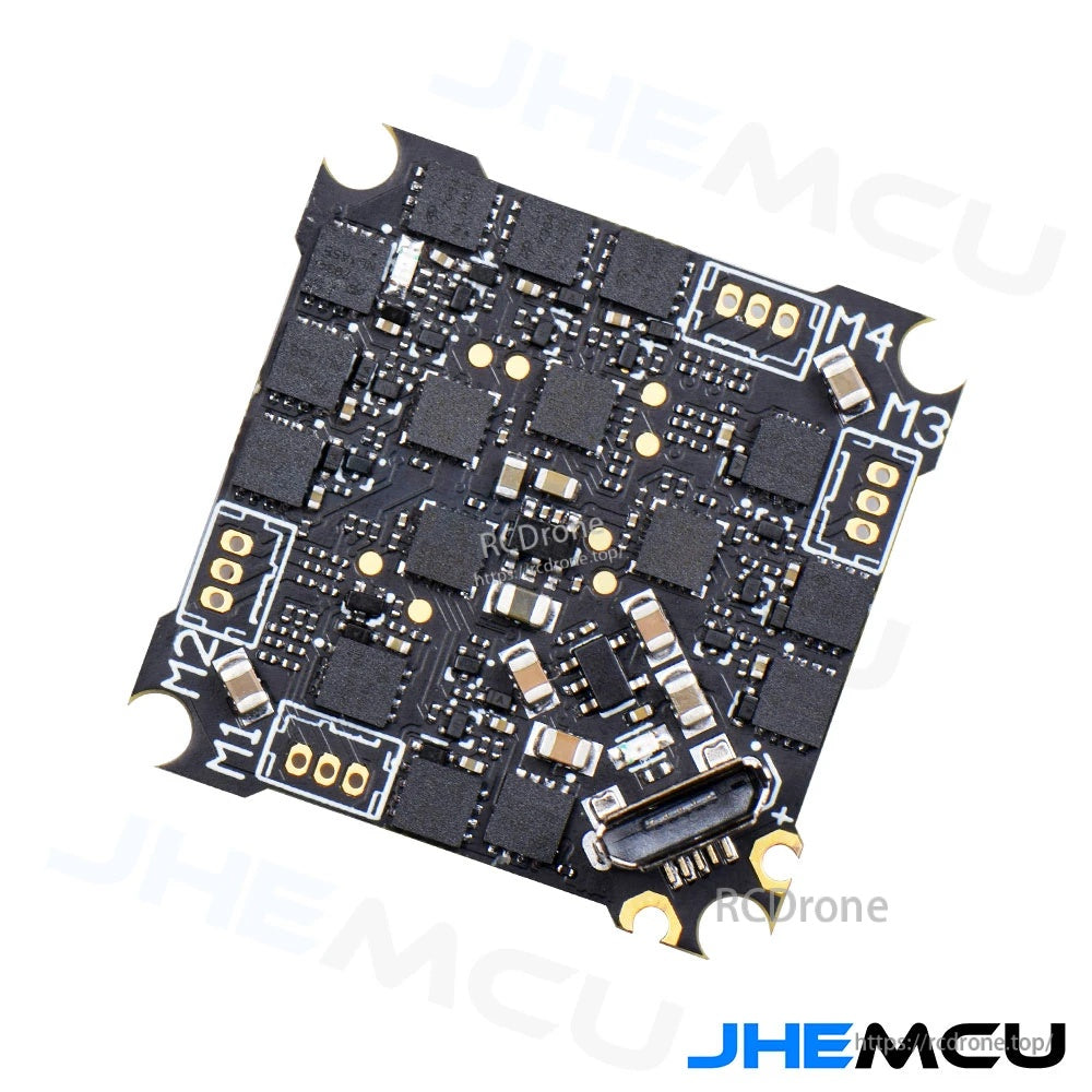 Angled rear view highlighting the 4-in-1 ESC MOSFET layout and motor pad corners on the 29×29mm board