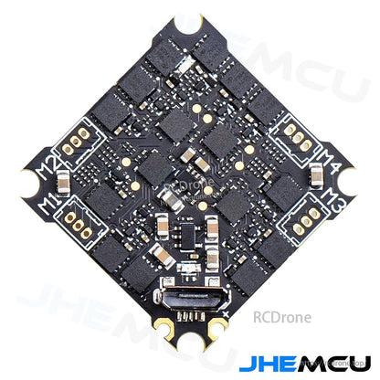 JHEMCU Ruibet F4AIO 12A AIO flight controller bottom view with USB port and motor pad labels M1–M4