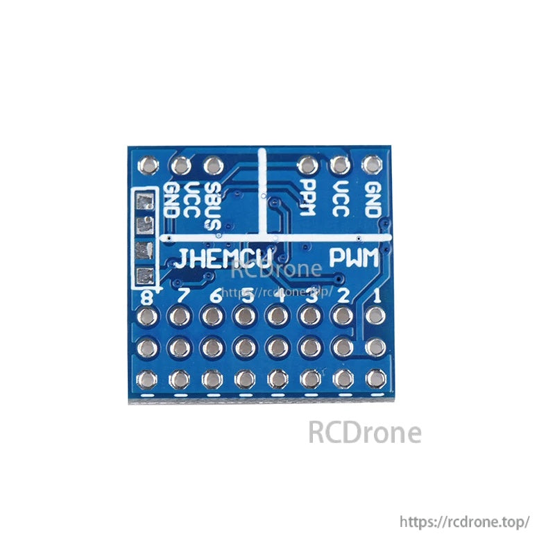 Rear side of JHEMCU SPP module with SBUS, PPM, PWM and GND/VCC pads marked on PCB