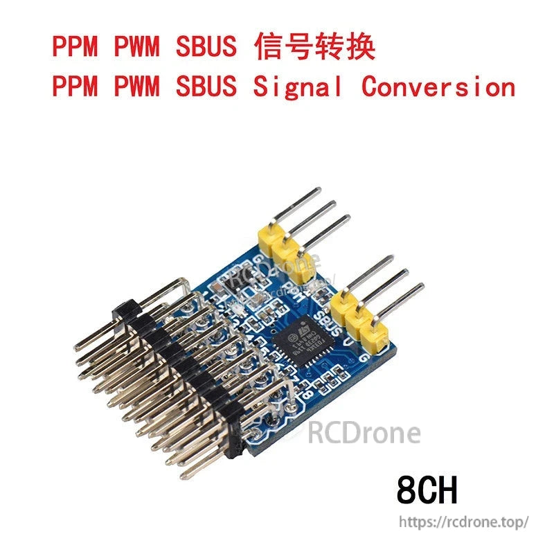 Angled view of 8CH receiver signal conversion board with SBUS and PPM/PWM header pins installed