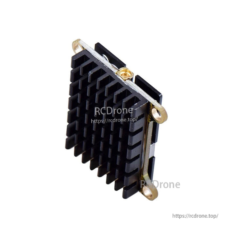 Side profile with black finned heatsink attached to the VTX module and mounting holes