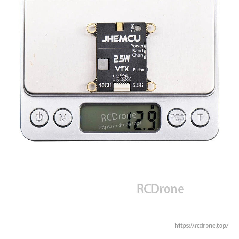 JHEMCU VTX on digital scale showing approximately 7.9 g weight