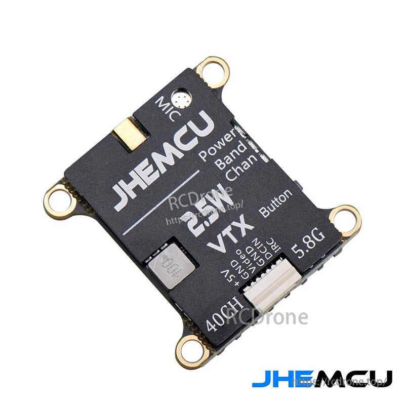 Angled view of JHEMCU VTX board with MIC pad, 5.8G label, and Power/Band/Chan button markings