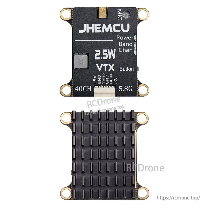 Top and bottom view of the 2.5W VTX board, including labeled pads and full heatsink underside