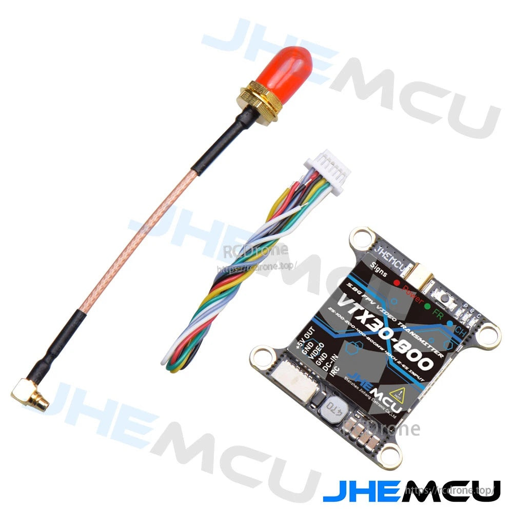 JHEMCU VTX30-800 5.8GHz analog FPV video transmitter with wire harness, MMCX pigtail and antenna