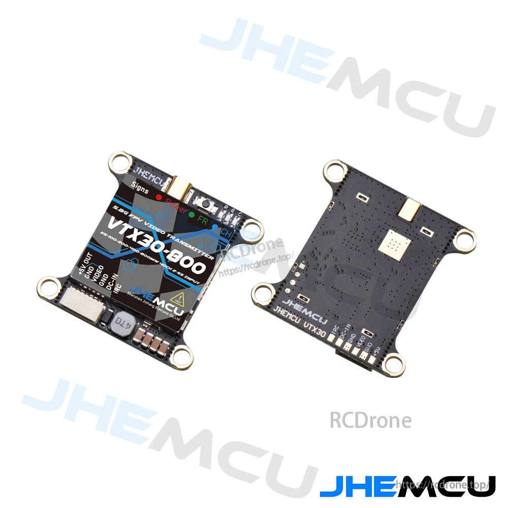 Front and back views of the VTX30-800 video transmitter board with four mounting holes
