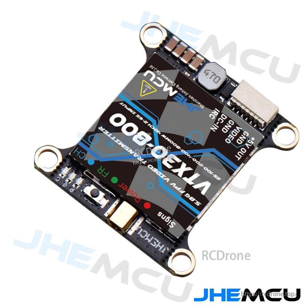 Close-up of pad labels on the VTX board: +5V OUT, GND, VIDEO, DC-IN, IRC and TRC