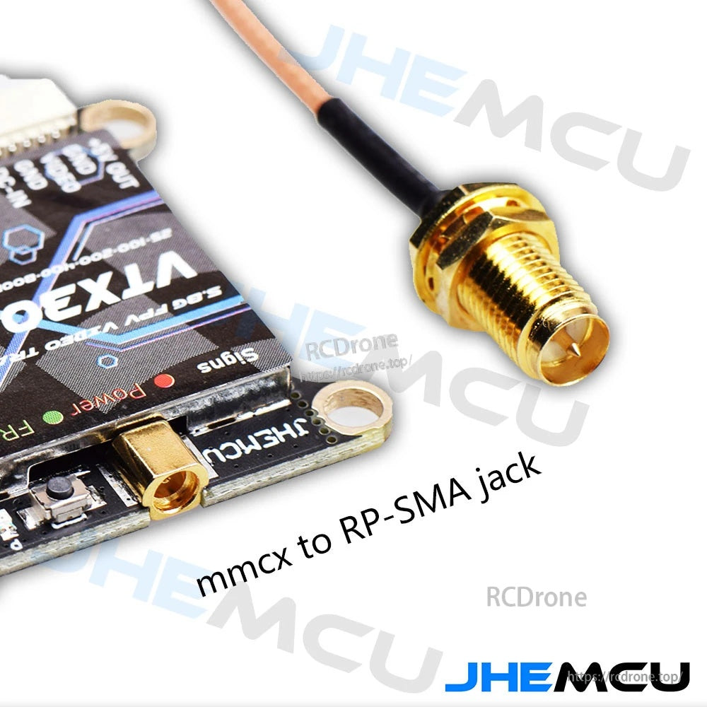 MMCX to RP-SMA jack pigtail close-up for connecting the VTX to standard FPV antennas