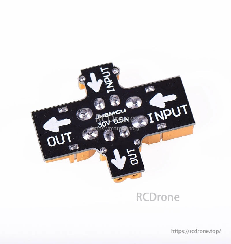 JHEMCU XT30/XT60 RC smoke stopper board with INPUT/OUT arrows and 30V 0.5A marking