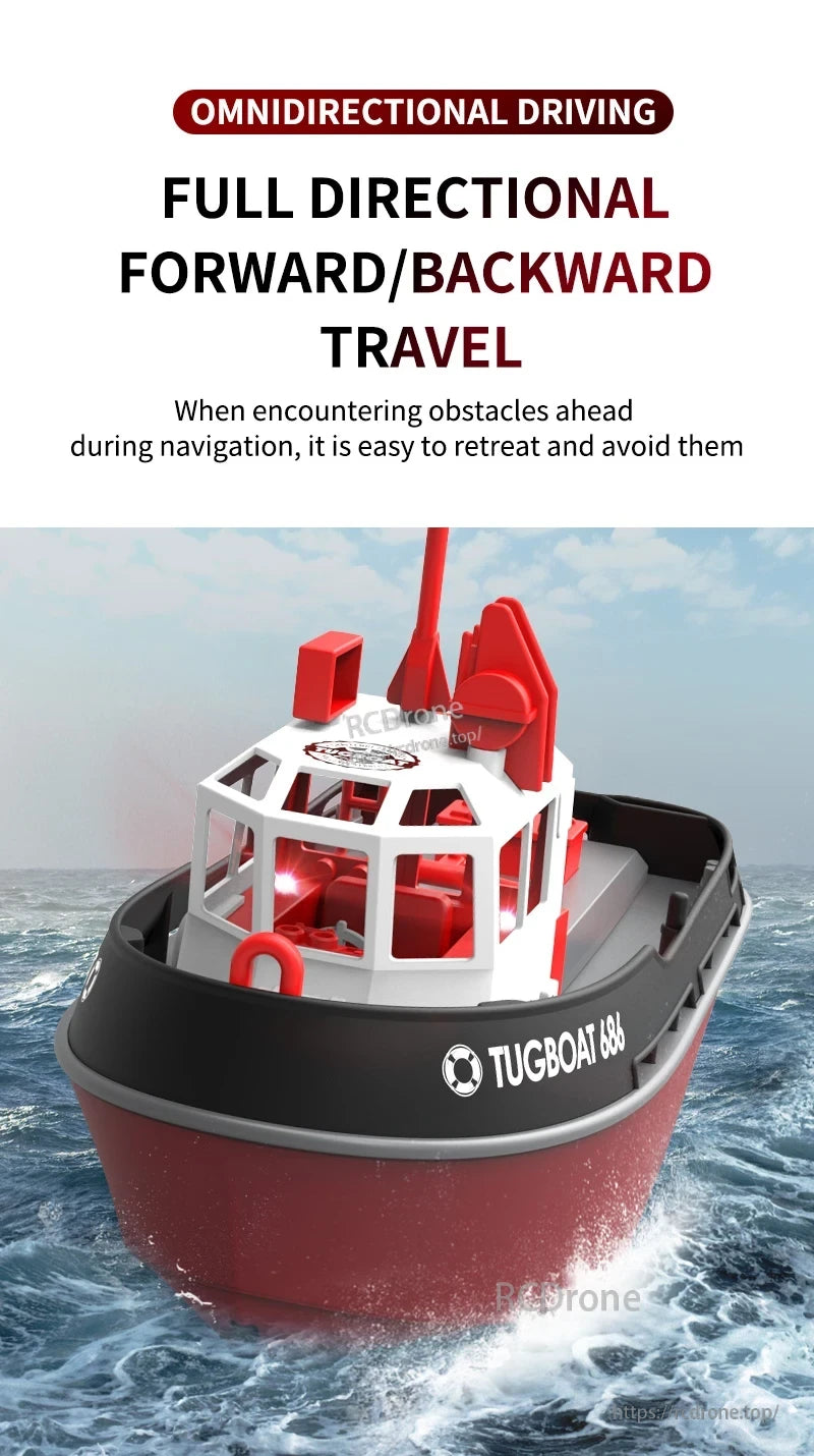 JIKEFUN 686 Remote Control Tugboat, The remote control tugboat features omnidirectional driving for full directional forward and backward travel.