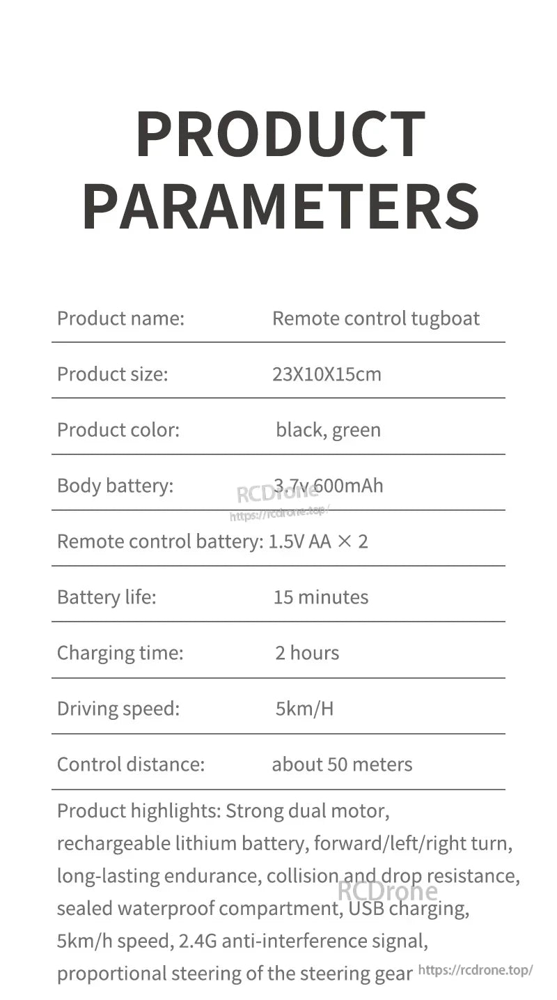 JIKEFUN 686 Remote Control Tugboat, Remote Control Tugboat measures 23x10x15cm, available in black and green, powered by rechargeable battery and AA batteries.