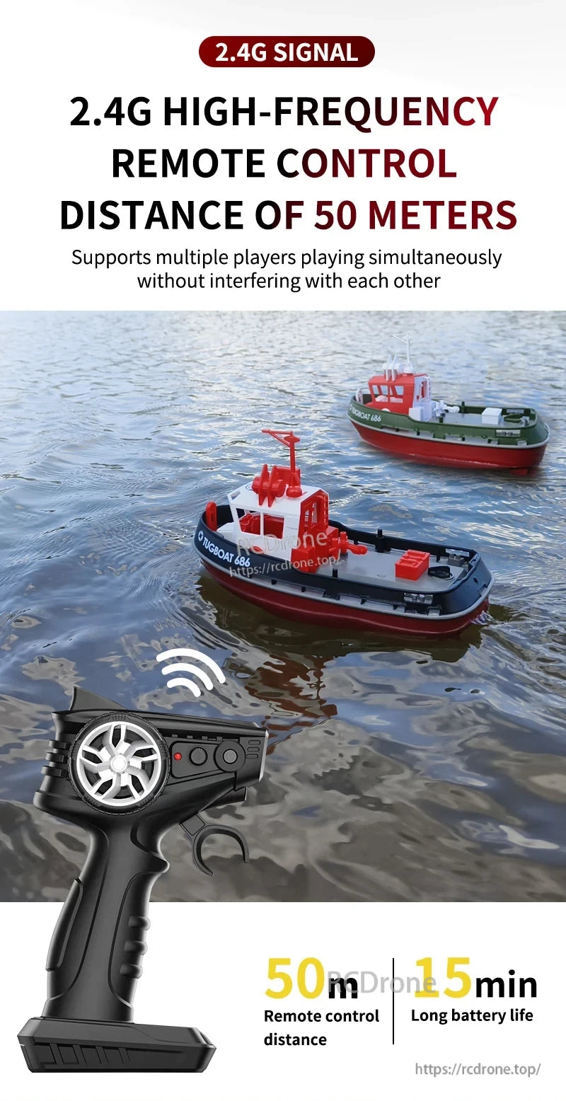 JIKEFUN 686 Remote Control Tugboat, 2.4G remote control tugboat with 50m range, 15-minute battery life, and multi-player support without interference.