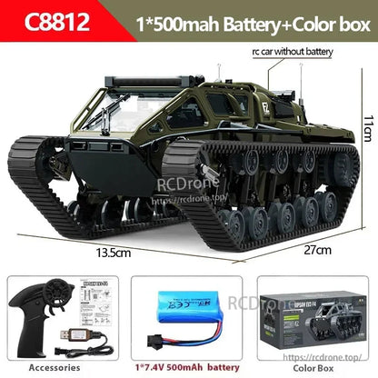 JJRC C8812 1:18 RC tank with LED lights, 2.4G control, 8 km/h speed, 60m range. Includes battery, remote, charger. Size: 27x13.5x11cm.