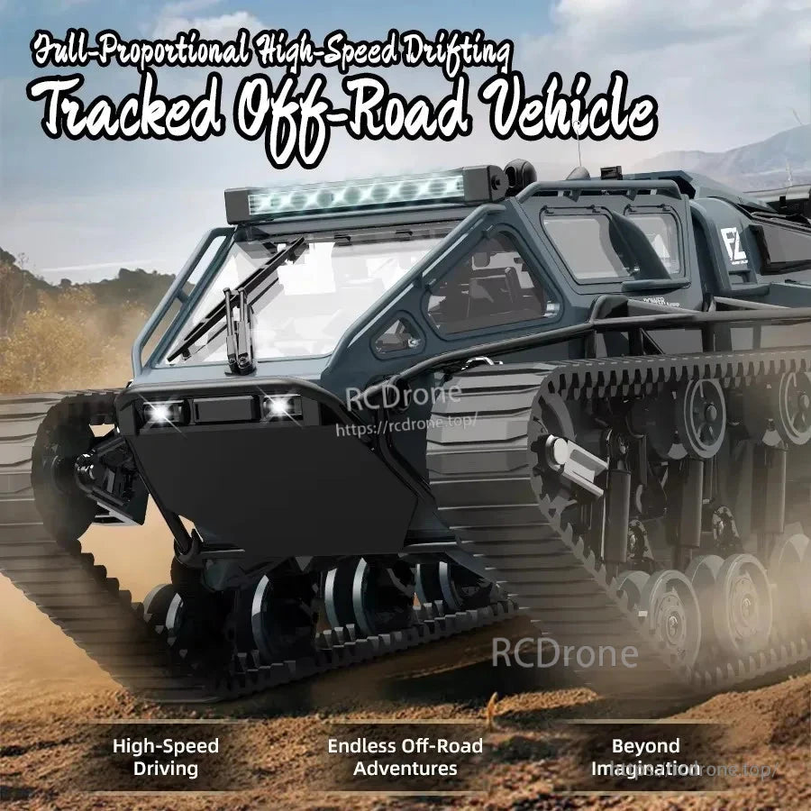 High-speed RC tracked vehicle with full-proportional control, 2.4G, 8 km/h, 60 m range, LED lights for off-road adventures.