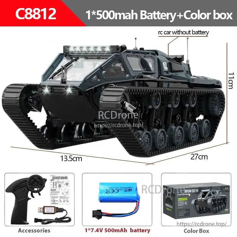 JJRC C8812 1:18 RC tank with LED lights, 2.4G control, 8 km/h speed, 60m range. Includes battery, remote, accessories, and box. Size: 27x13.5x11cm.