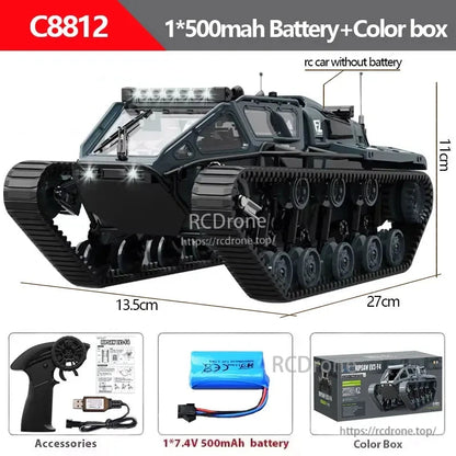 JJRC C8812 1:18 RC tank with LED lights, 2.4G control, 8 km/h speed, 60m range. Includes battery, remote, accessories, and box. Size: 27x13.5x11cm.