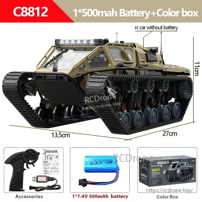 JJRC C8812 1:18 RC tank with 2.4G control, 8 km/h speed, 60m range, LED lights, battery, remote, charger, and color box included.
