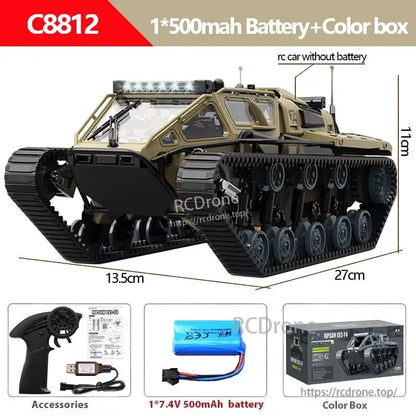 JJRC C8812 1:18 RC tank with 2.4G control, 8 km/h speed, 60m range, LED lights, battery, remote, charger, and color box included.