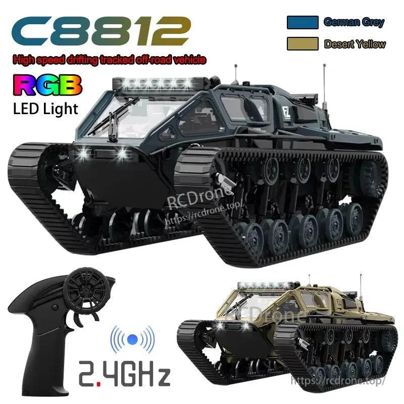 JJRC remote control tank with LED lights, 2.4G frequency, 8km/h speed and 60m range for off-road adventures.