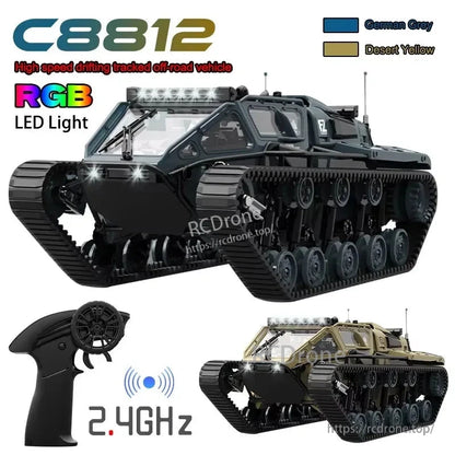 JJRC remote control tank with LED lights, 2.4G frequency, 8km/h speed and 60m range for off-road adventures.