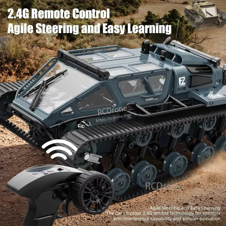 2.4G remote control tank with agile steering, LED lights, 8 km/h speed, 60m range, easy to learn, full-scale tracked off-road vehicle.