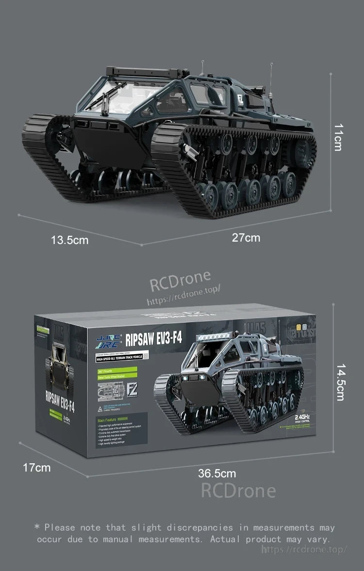 JJRC C8812 RC Tank, JJRC Ripsaw EV3-F4 is a 27cm all-terrain tracked vehicle with 2.4GHz remote, strong suspension, lights, and measures 36.5x17x14.5cm in box.