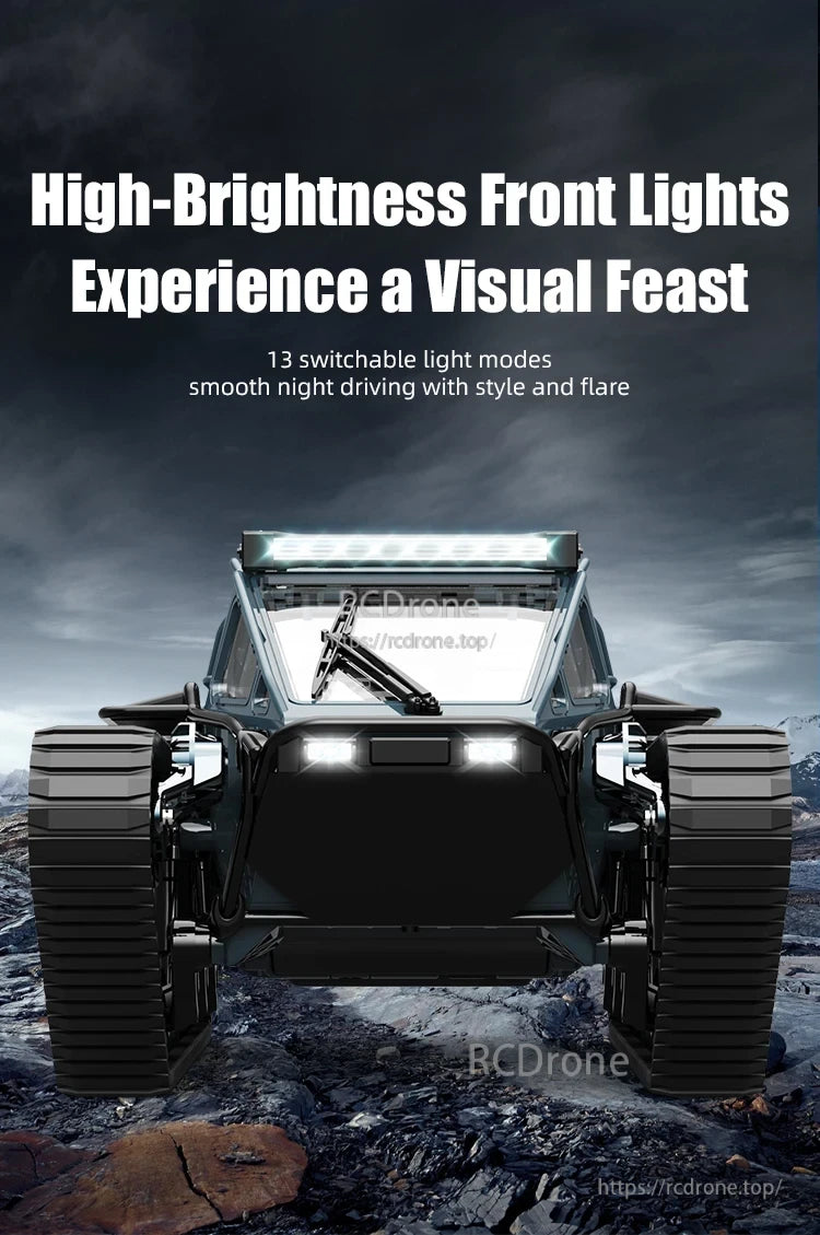 JJRC C8812 RC Tank, Bright front lights with 13 modes ensure smooth, stylish night driving.