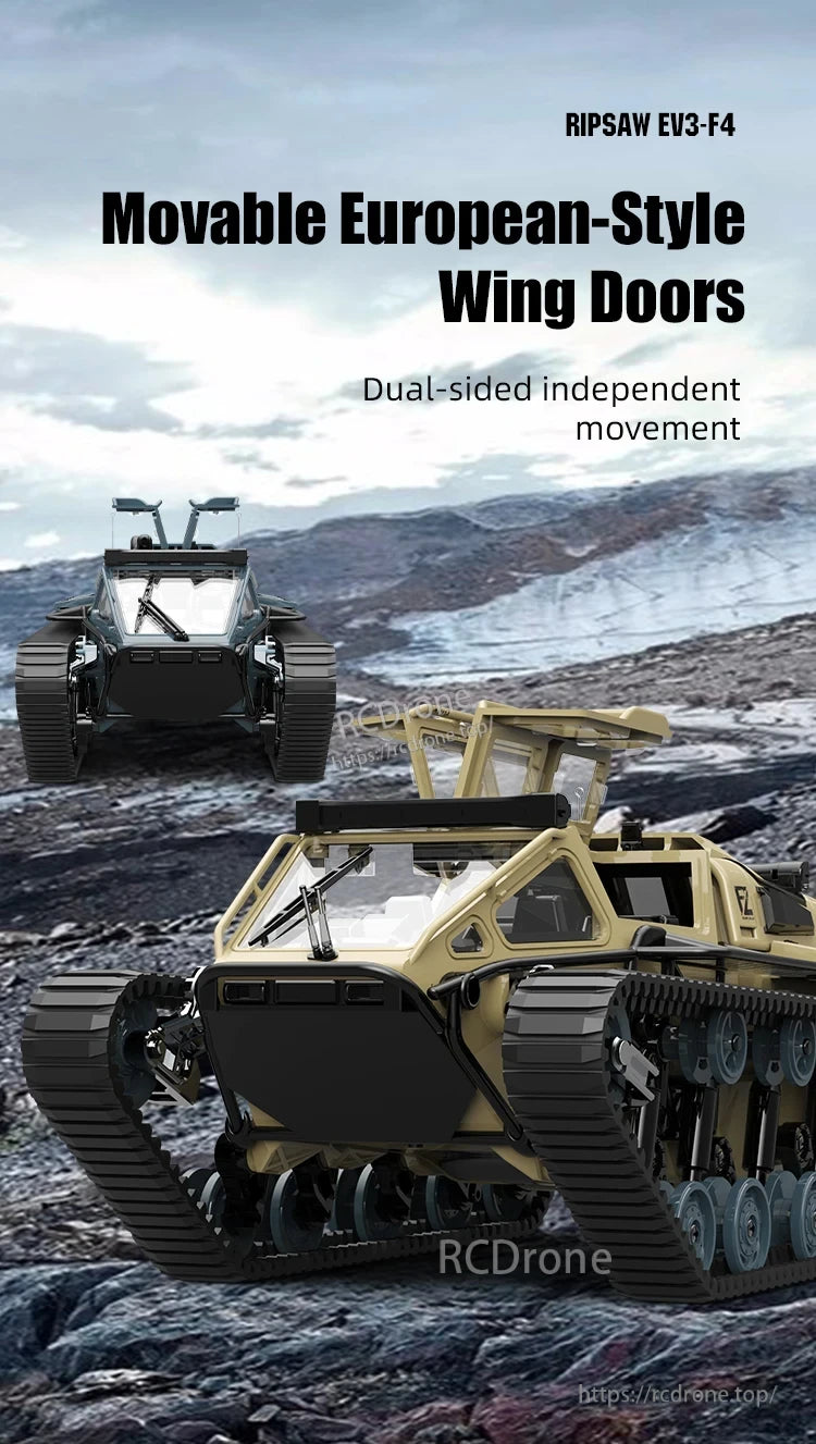 JJRC C8812 RC Tank, RIPSAW EV3-F4 features European-style wing doors and dual-sided independent movement for enhanced mobility and design.