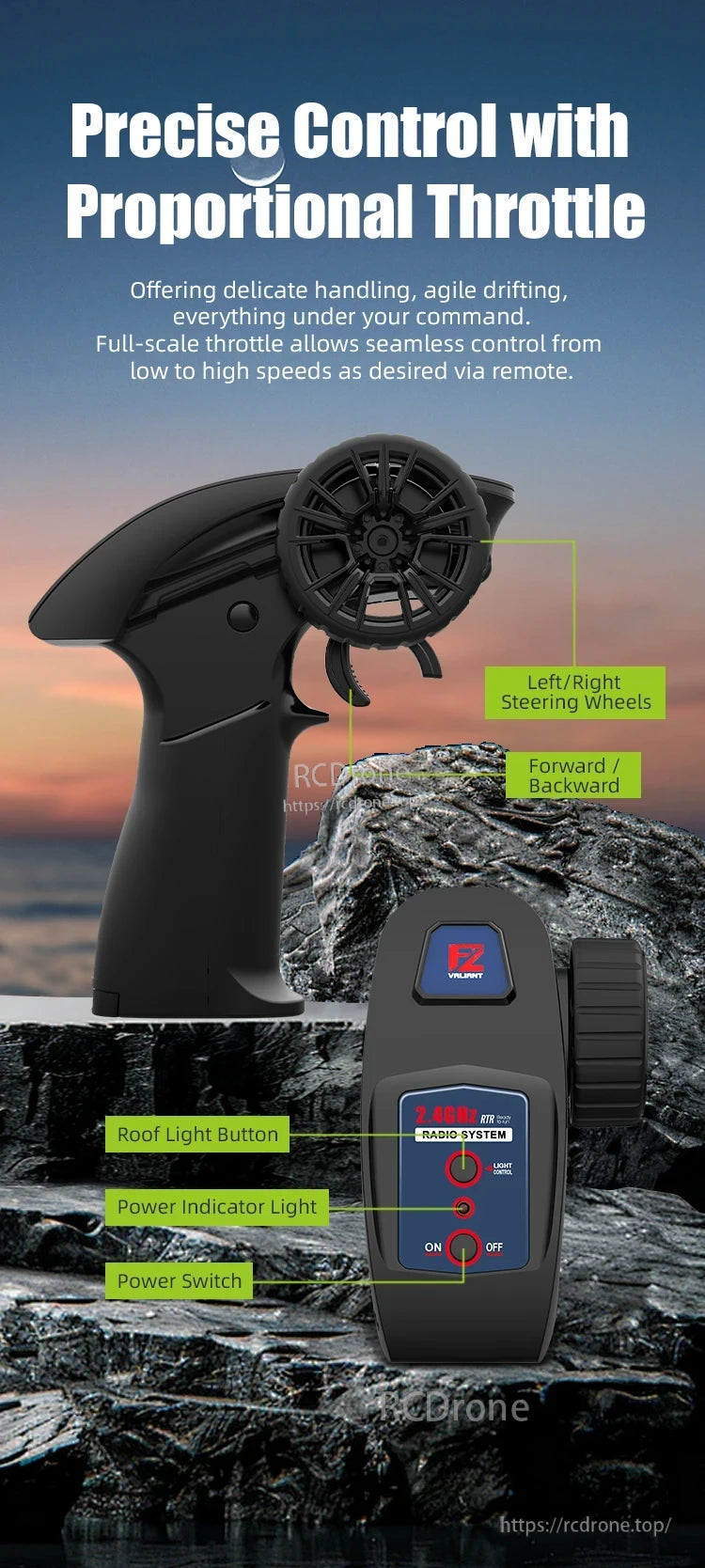 JJRC C8812 RC Tank, Precise proportional throttle control with full-speed adjustment, steering wheels, forward/backward controls, roof light, power indicator, and switch for seamless operation.